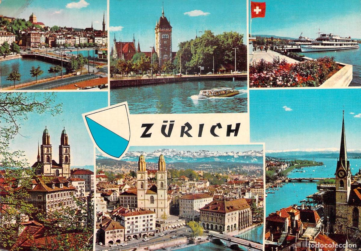 Postales: Postal de Z&uacute;rich Suiza con vistas m&uacute;ltiples de la ciudad