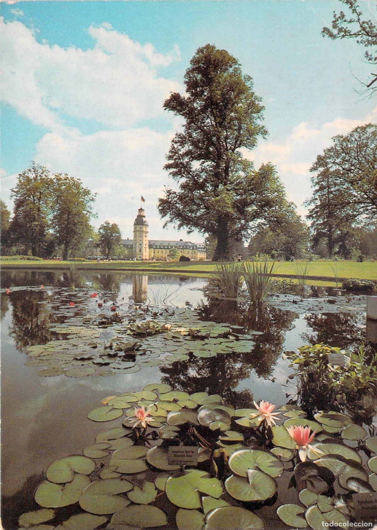 Postales: Postal de Karlsruhe Jard&iacute;n del Palacio con estanque y flores