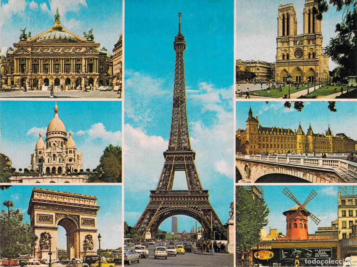 Postales: Postal de Paris: Torre Eiffel, Notre Dame, Sacr&eacute; Coeur y Monumentos