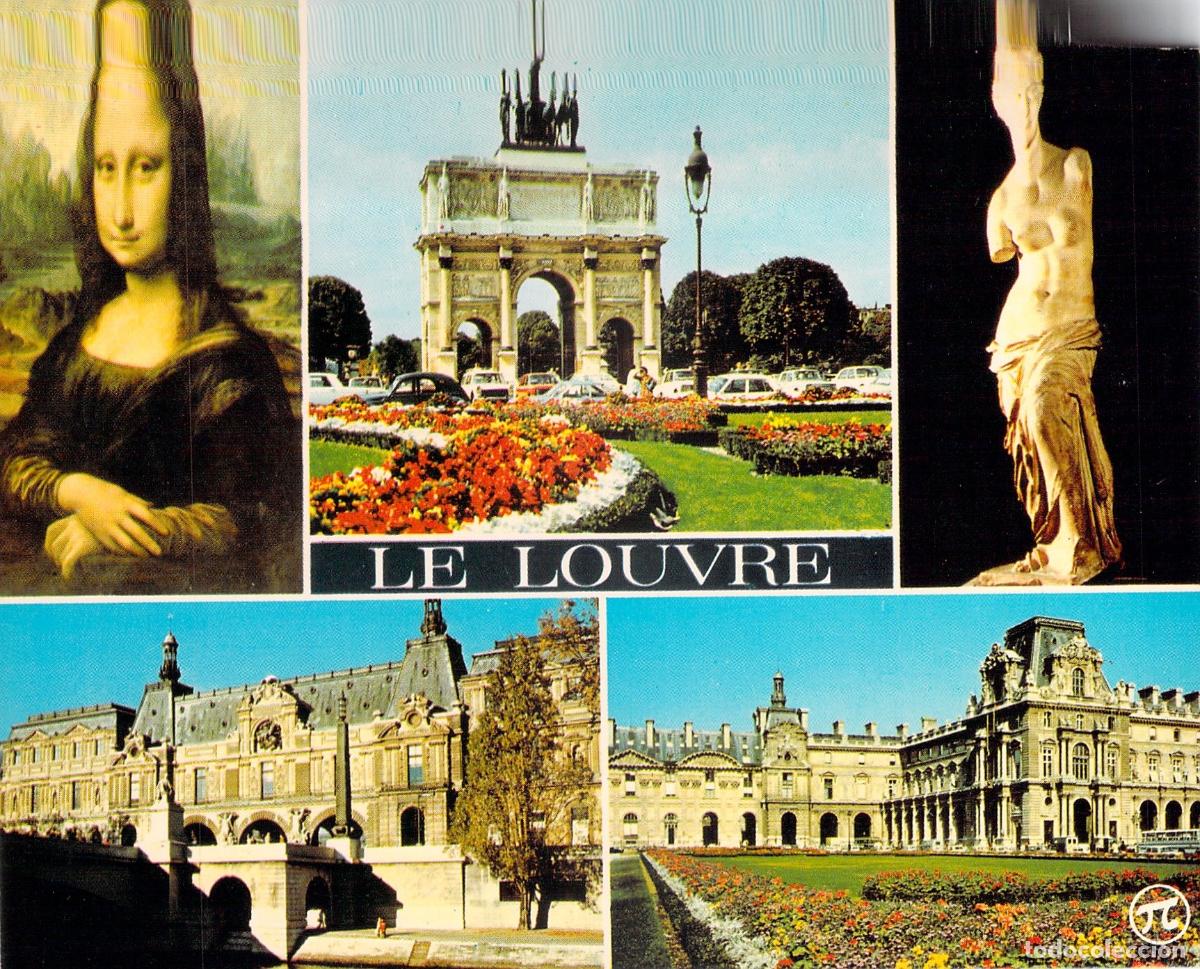 Postales: Postal del Museo del Louvre en Par&iacute;s con obras de arte ic&oacute;nicas