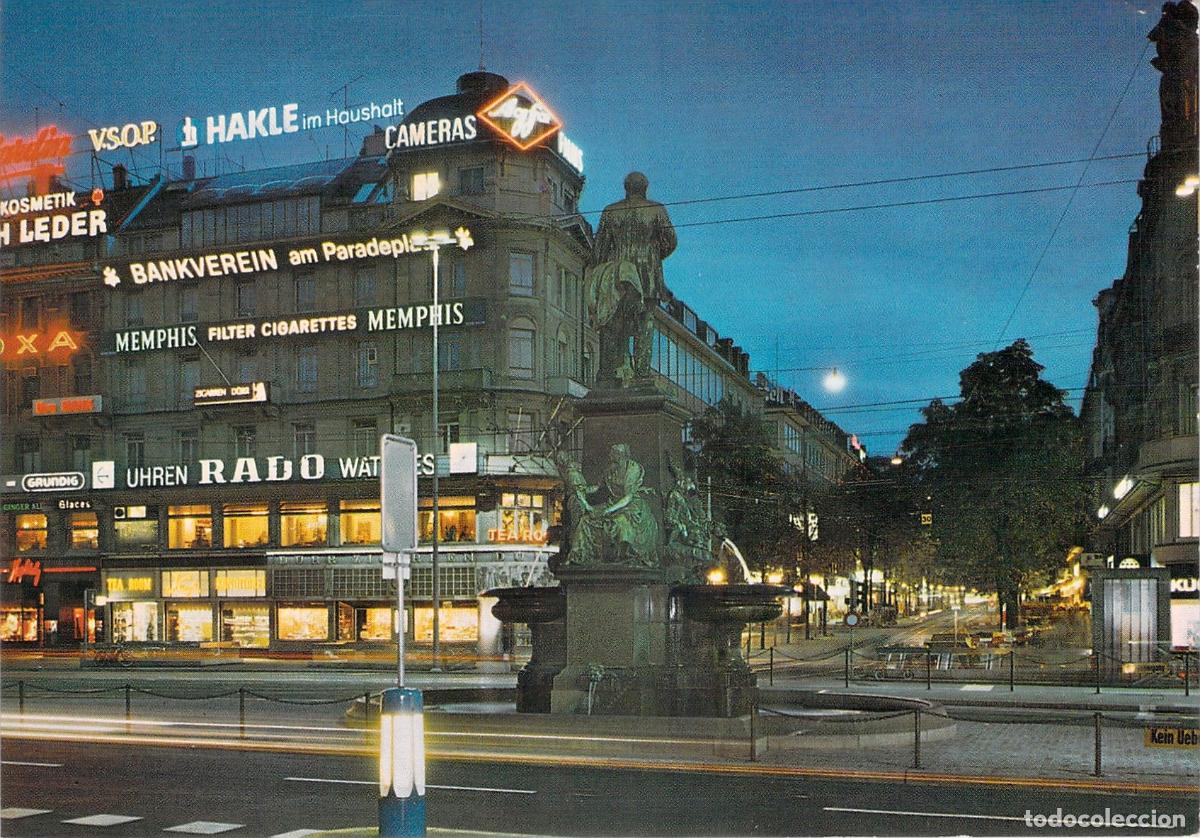 Postales: Postal de Zurich Bahnhofplatz y Bahnhofstrasse de Noche