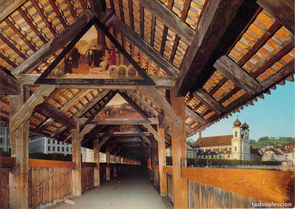 Postales: Postal de Kapellbr&uuml;cke y la Iglesia Jesuita en Lucerna, Suiza