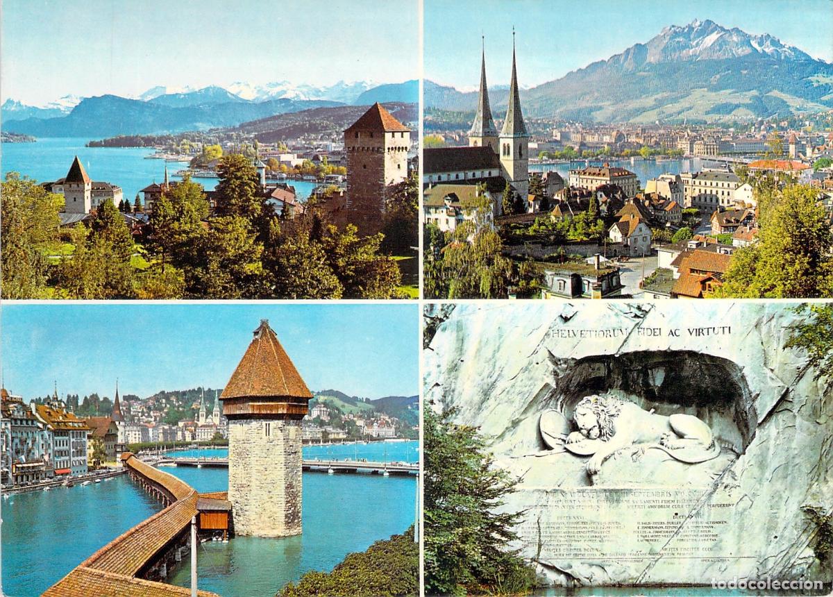 Postales: Postal de Lucerna Suiza con Kapellbr&uuml;cke y Monumento al Le&oacute;n