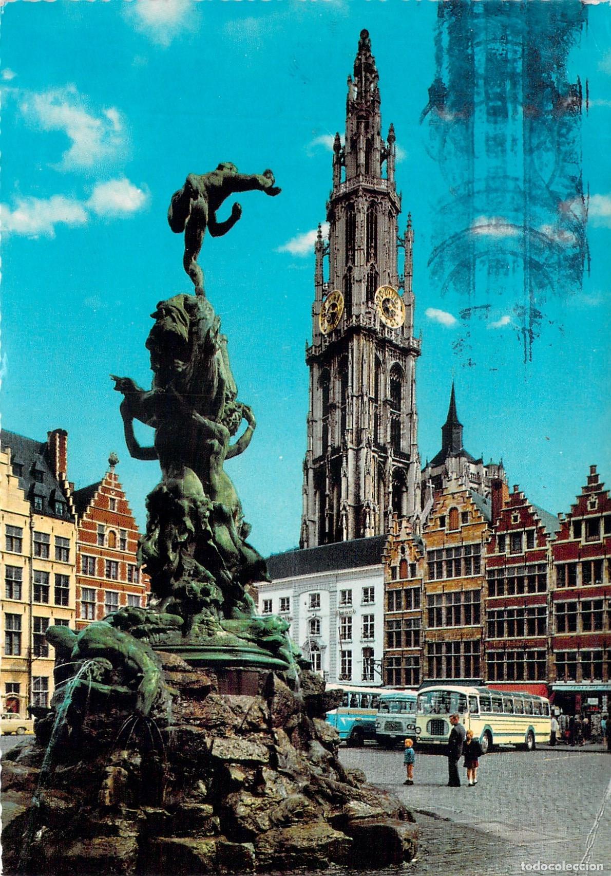 Postales: Postal de la Fuente Brabo y la Catedral en Amberes, B&eacute;lgica