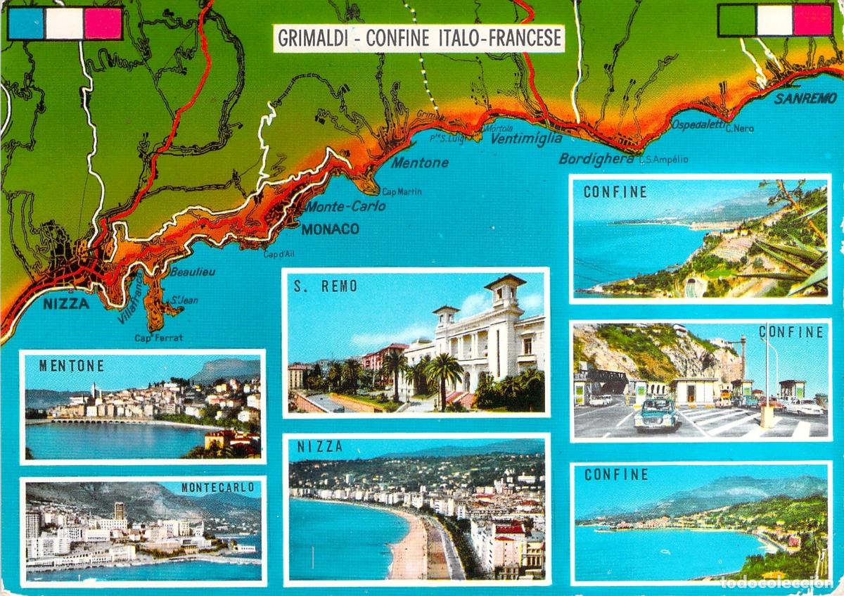 Postales: Postal de la Riviera Ligure con mapa de la frontera &iacute;talo-francesa