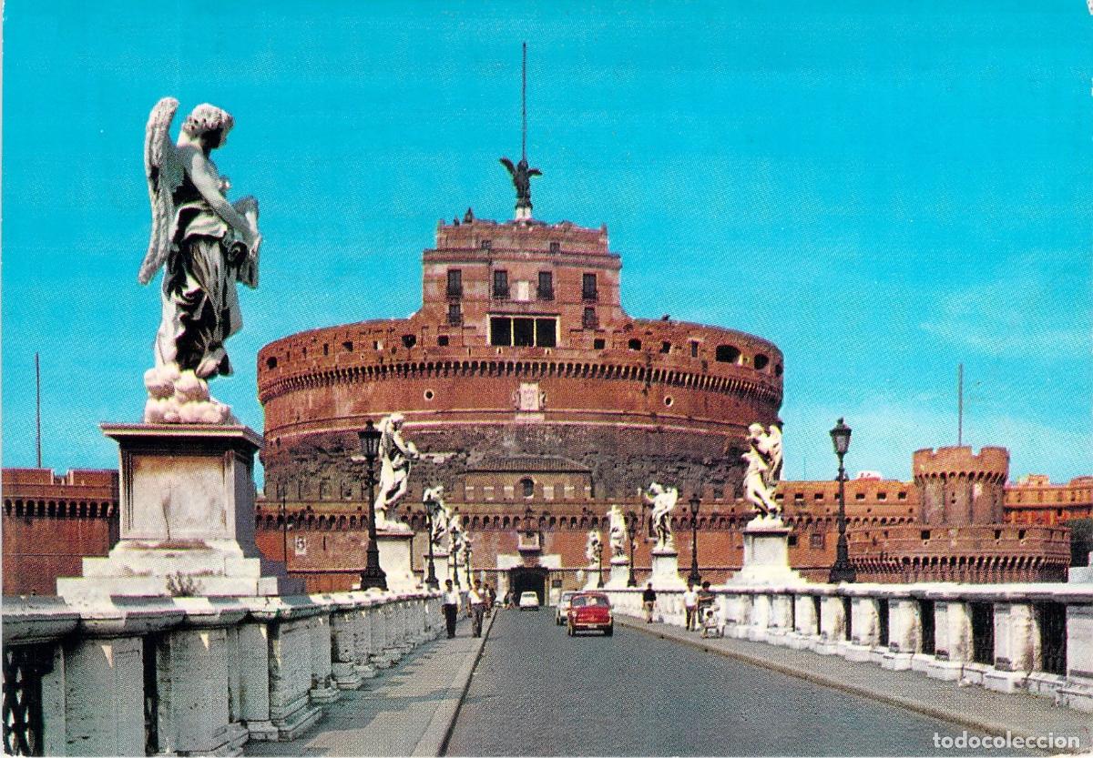 Postales: Postal de Roma, Castel Sant'Angelo con estatuas y puente