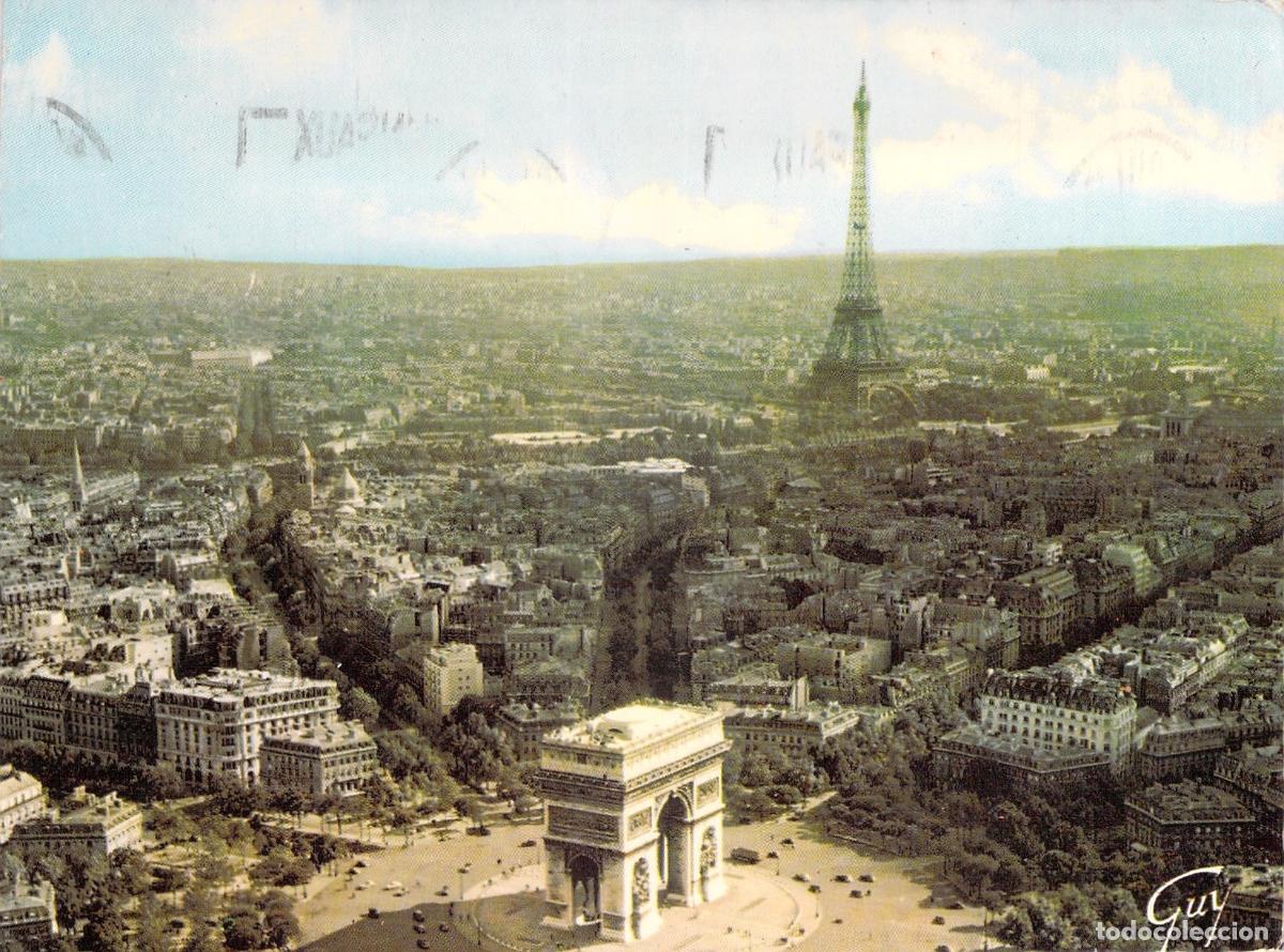 Postales: Postal a&eacute;rea de Par&iacute;s con el Arco del Triunfo y la Torre Eiffel
