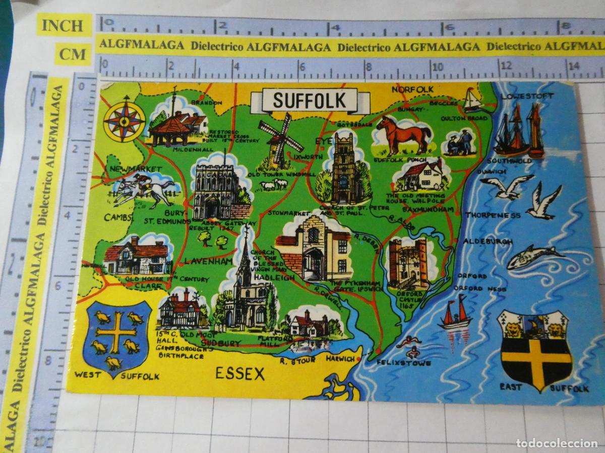 Postales: POSTAL DE REINO UNIDO GRAN BRETA&Ntilde;A. INGLATERRA MAPA PLANO MONUMENTOS DE SUFFOLK. 3063