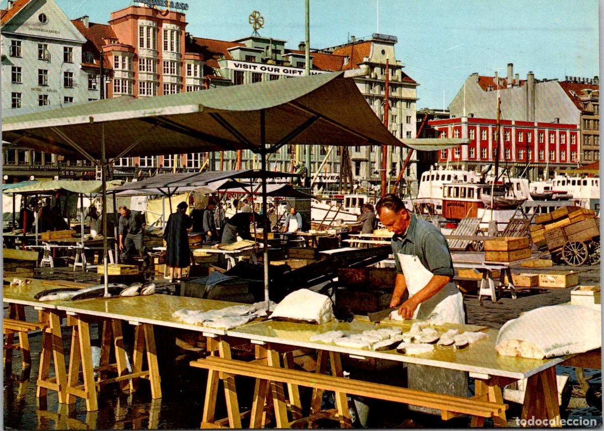 Postales: Noruega - Bergen - Parti fra fisketorget - Fiesta del mercado de pescado - Postal - 143x103mm