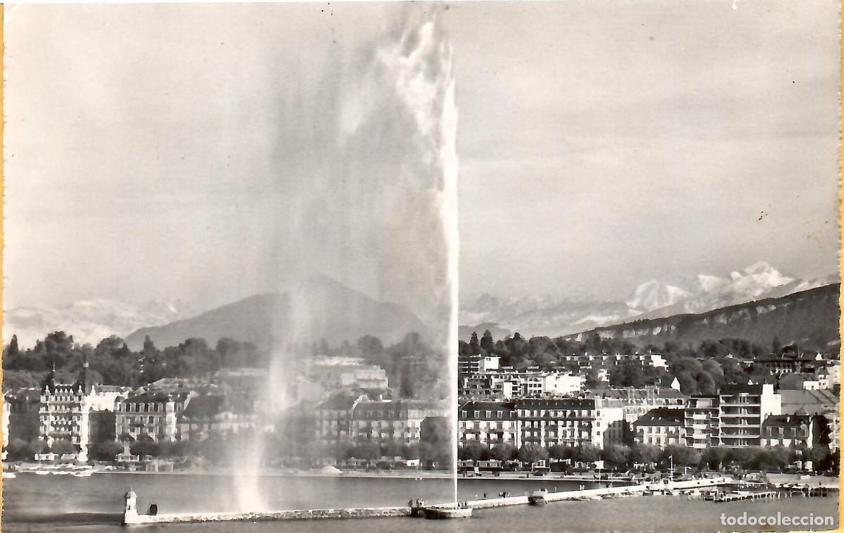Postales: N&ordm; 7018-GINEBRA. Suiza. El Jet d'Eau (120m). y el Mont Blanc (4810 m). Circulada en 1965. ED. JAEGER