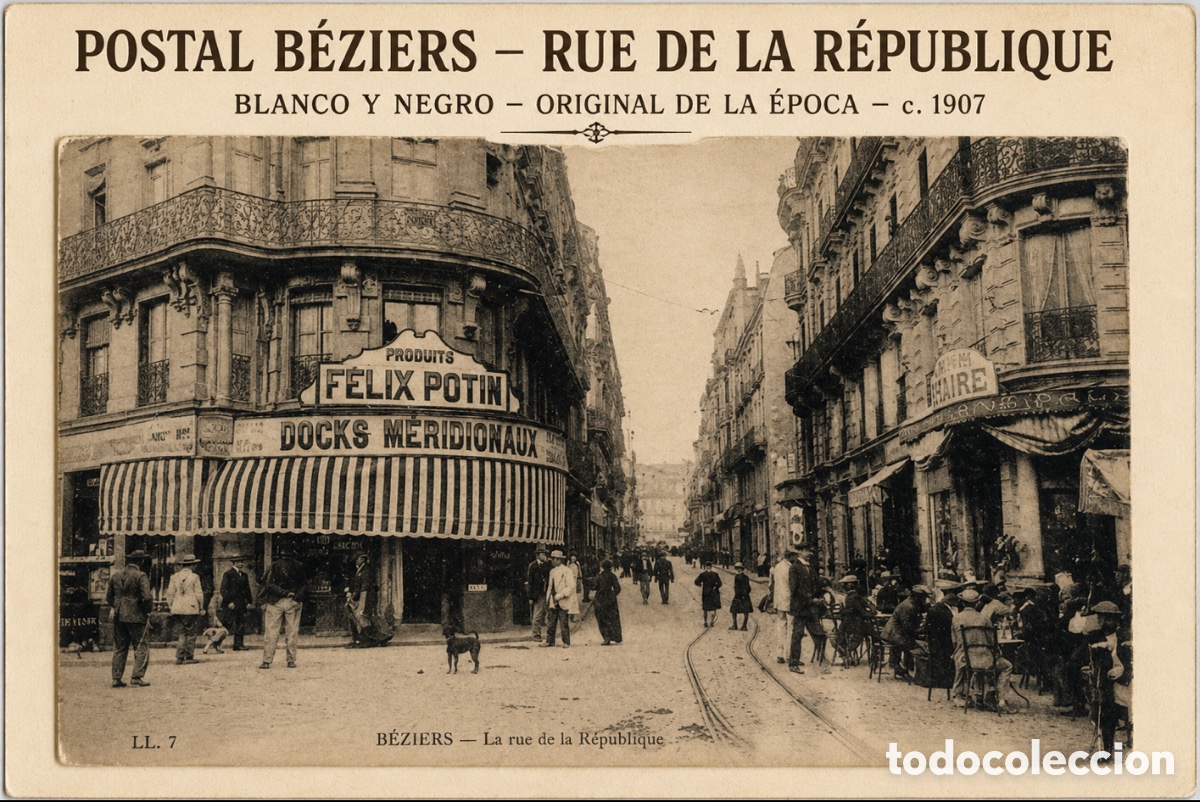 Postales: Postal B&eacute;ziers &ndash; Rue de la R&eacute;publique &ndash; Blanco y negro &ndash; Original de la &eacute;poca &ndash; c. 1907