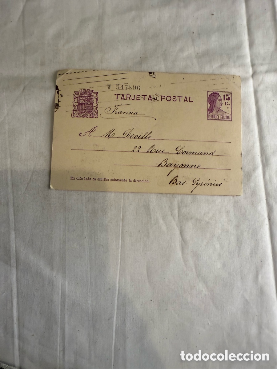 Postales: Tarjeta Postal Entero Postal II Rep&uacute;blica 15 c 1936 Circulada a Francia Guerra Civil