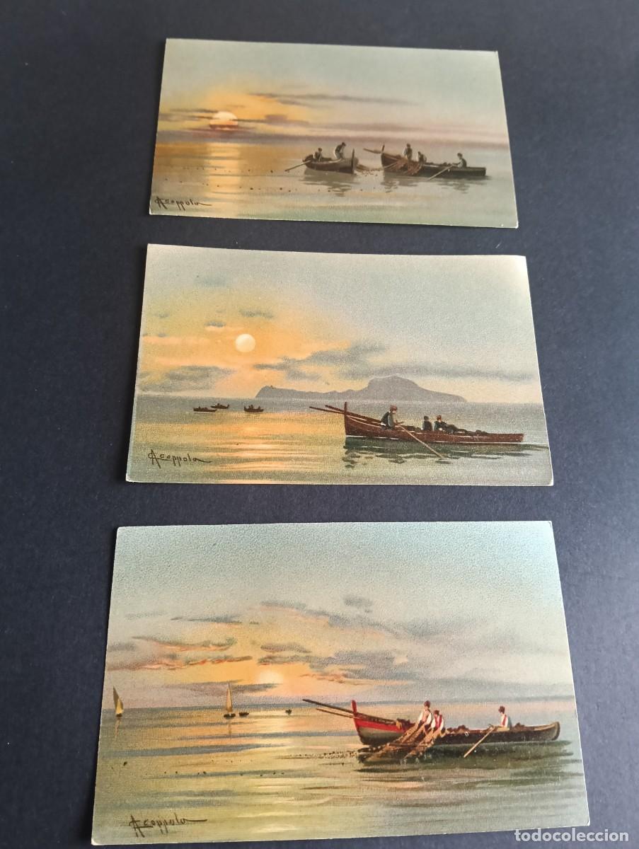 Postales: Lote de 3 tarjetas postales antiguas no circuladas - Marinas y barcas al atardecer - A. Coppola (ca.