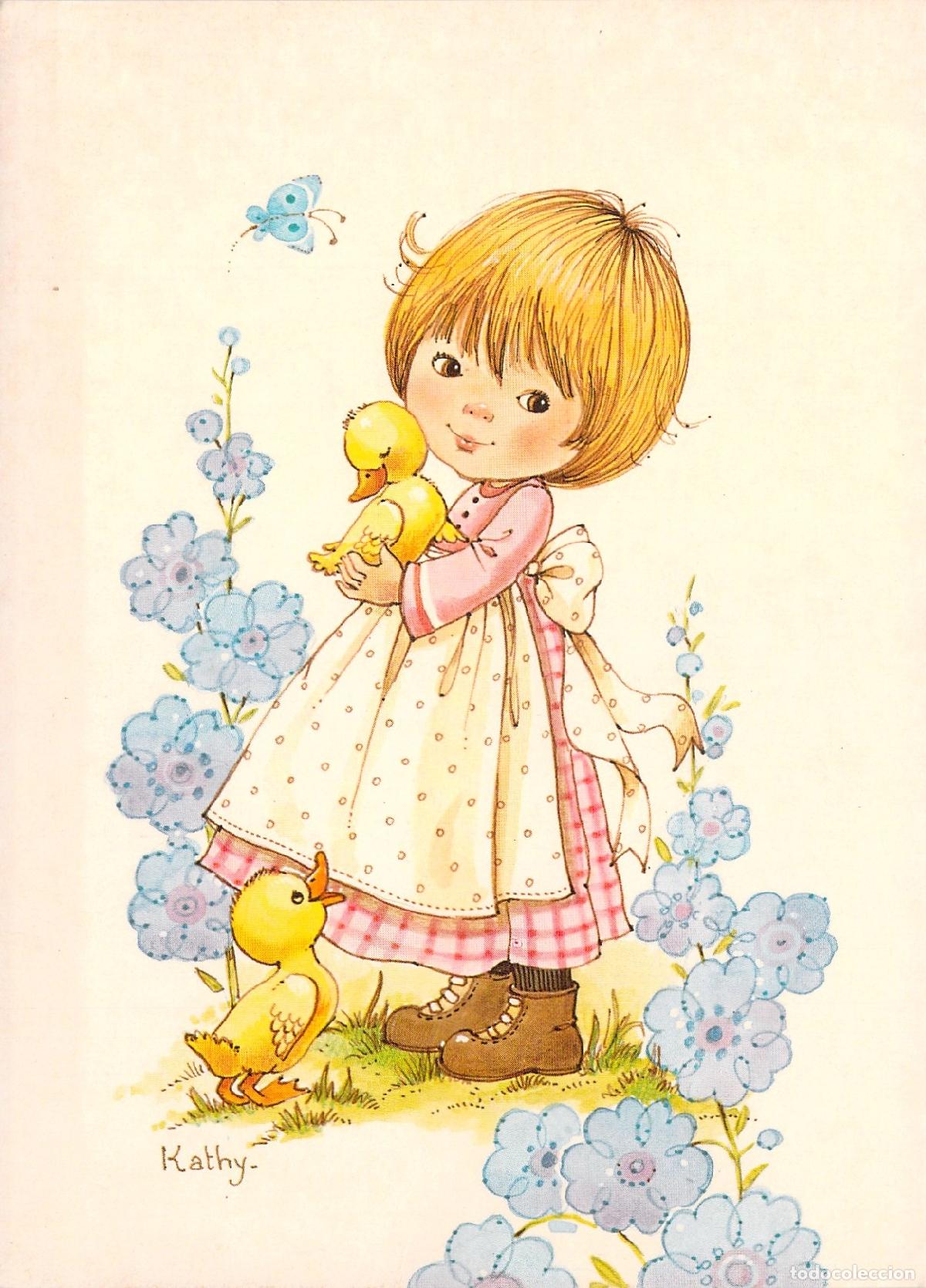 Postales: Postal ilustrada de ni&ntilde;a con patitos