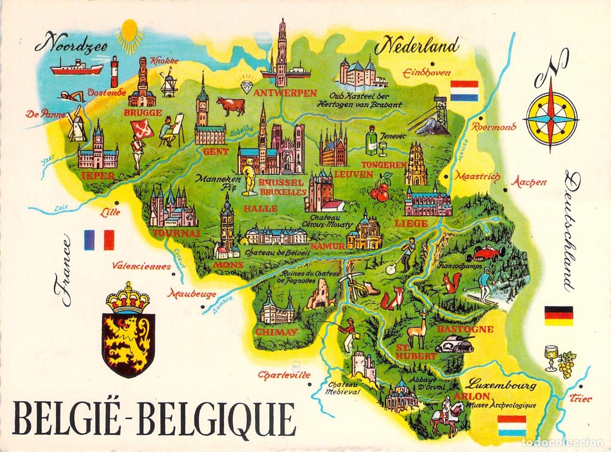 Postales: Postal ilustrada con mapa tur&iacute;stico de B&eacute;lgica