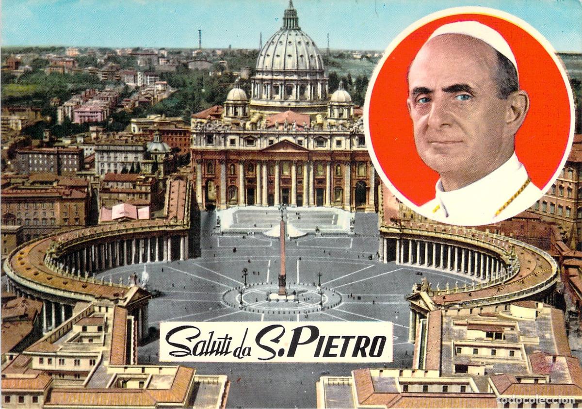 Postales: Postal de la Plaza de San Pedro en Roma con el Papa