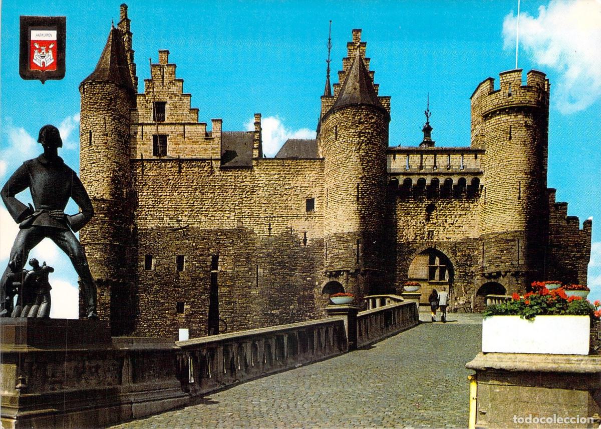 Postales: Postal de Amberes: Castillo Het Steen y estatua de Lange Wapper