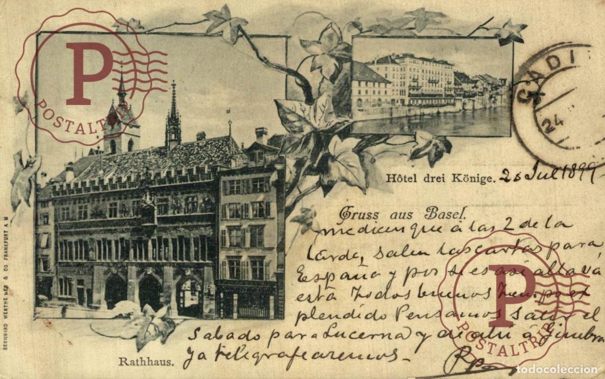 Postales: 1899 Gruss aus Basel - H&ocirc;tel drei K&ouml;nige - Rathaus Schweiz Suisse Switzerland Svizzera