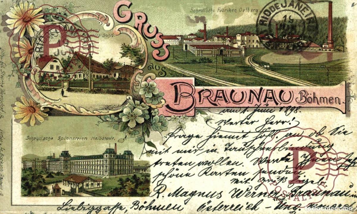 Postales: 1898 Litho AK Gruss aus Braunau Broumov B&ouml;hmen SEND TO RIO DE JANEIRO Schweiz Suisse Switzerla