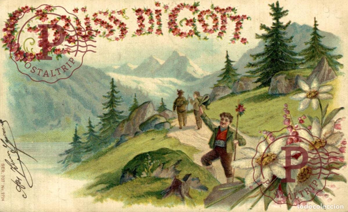 Cartes Postales: Pr&auml;ge-Lithographie Gr&uuml;ss di Gott, Bergsteiger in den Alpen Schweiz Suisse Switzerland