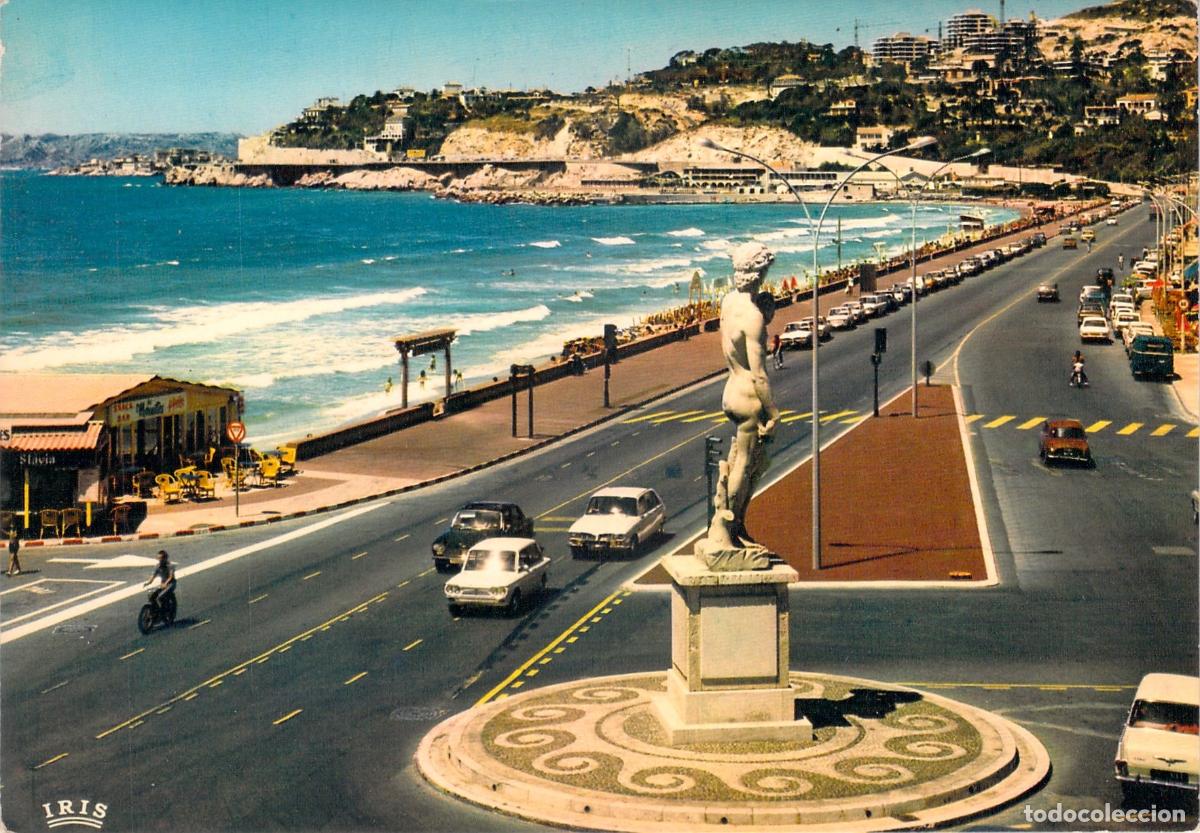Postales: Postal de la Estatua de David, la Corniche y la Playa del Prado en Marsella