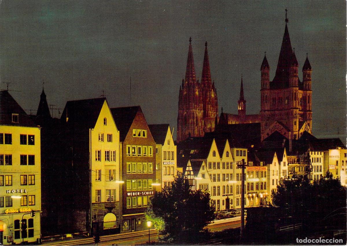 Postales: Postal de Colonia vista nocturna del r&iacute;o Rin con la Catedral