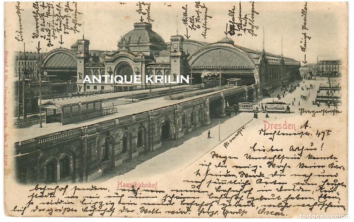 Postales: ALEMANIA / DRESDEN / HAUPTBAHNHOF / STENGEL & CO. N&ordm; 3142 / FRANQUEADA REVERSO SIN DIVIDIR