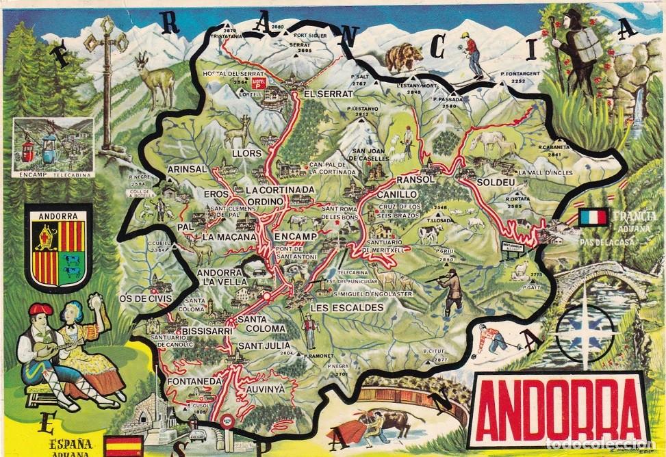Postcards: 1 Valls d'Andorra - Mapa / Andorra - Postal circulada