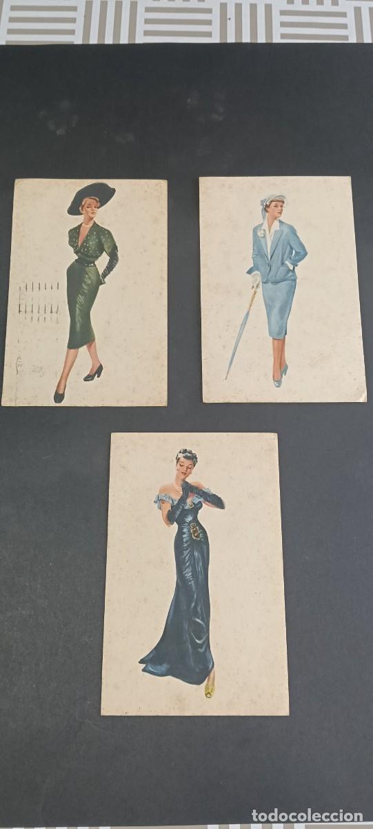 Postales: Lote de 3 antiguas tarjetas postales de ilustraci&oacute;n de moda femenina / figurinismo (A&ntilde;o 1951) - Circ