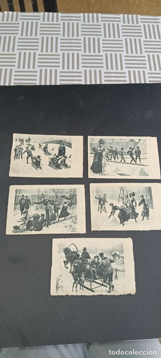 Postales: Lote de 5 antiguas tarjetas postales de &eacute;poca (Belle &Eacute;poque - Circa 1900-1910) - Deportes de inviern