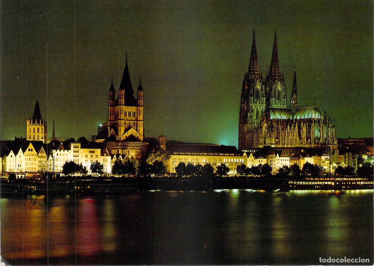 Postales: Postal de la Catedral de Colonia y el r&iacute;o Rin por la noche