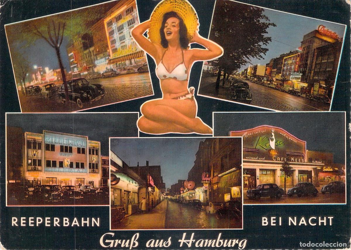 Postales: Postal de Hamburg Reeperbahn de noche con modelo pin-up