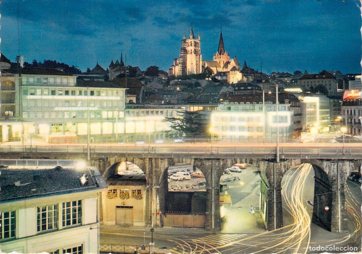 Postales: Postal de Lausana, Suiza, con vista nocturna del Grand Pont y la Catedral