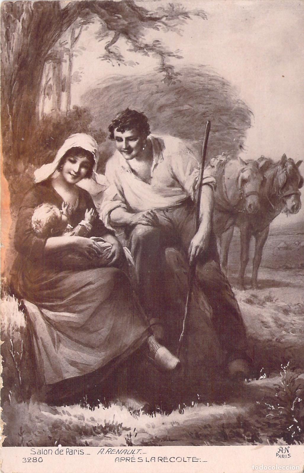 Postales: Postal de arte cl&aacute;sico Familia en el campo despu&eacute;s de la cosecha
