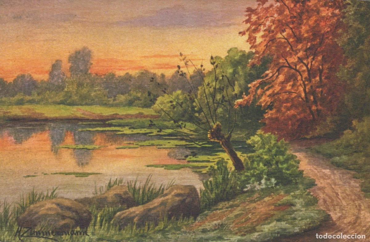 Postkarten: Schweiz Landschaft mit Teich und Herbstb&auml;umen Kunst von H Unposted *YAA821