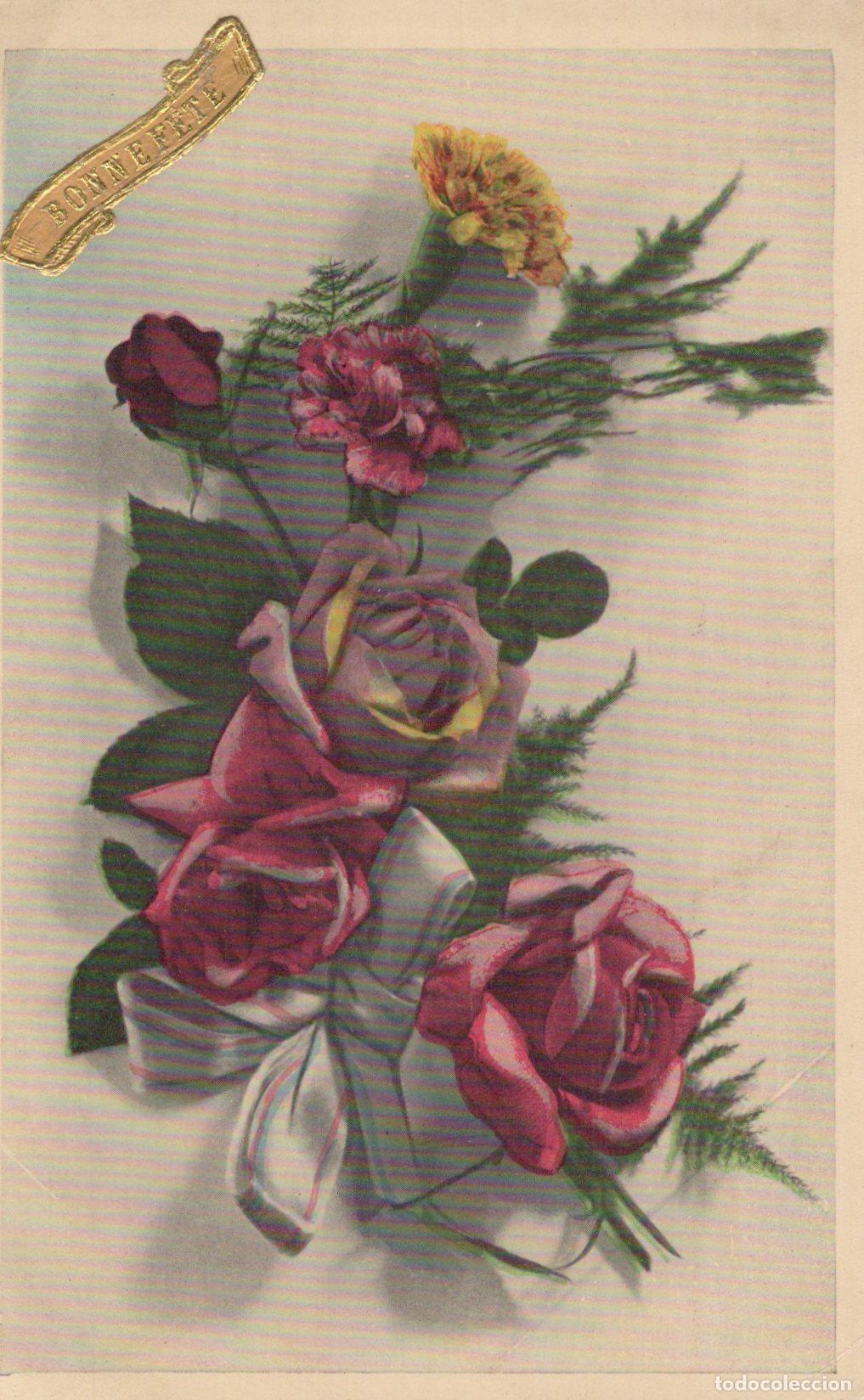 Cartoline: France Fleurs Bouquet de Roses &OElig;illets Ruban V&oelig;ux Bonne F&ecirc;te *YAA872