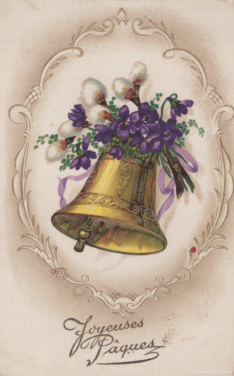 Cartoline: France P&acirc;ques Cloche Dor&eacute;e Violettes Chatons Salutations Manuscrites *YAA868