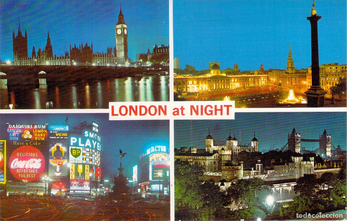 Postales: Postal de Londres de Noche con Vistas de Monumentos Iconicos