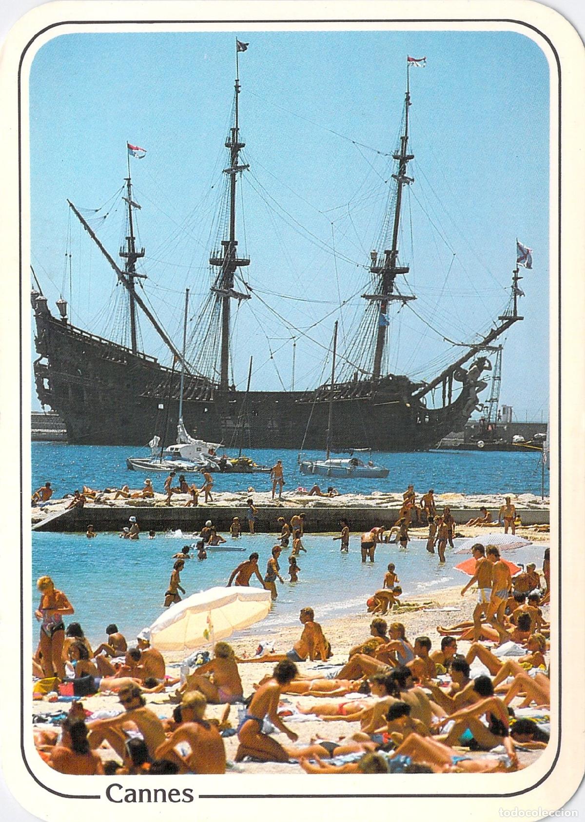 Postales: Postal de Cannes con Playa y Barco Hist&oacute;rico en la Costa Azul