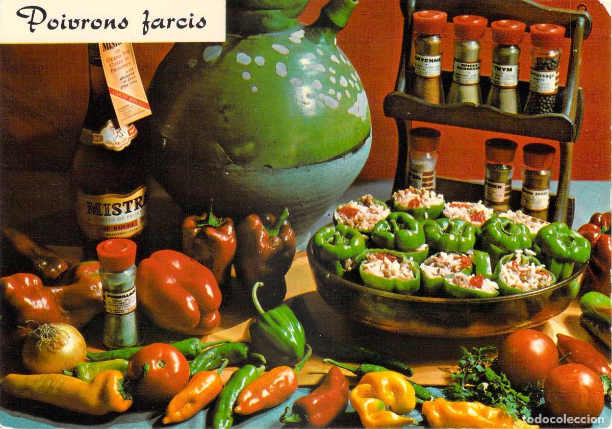 Postales: Postal con receta de pimientos rellenos cocina francesa