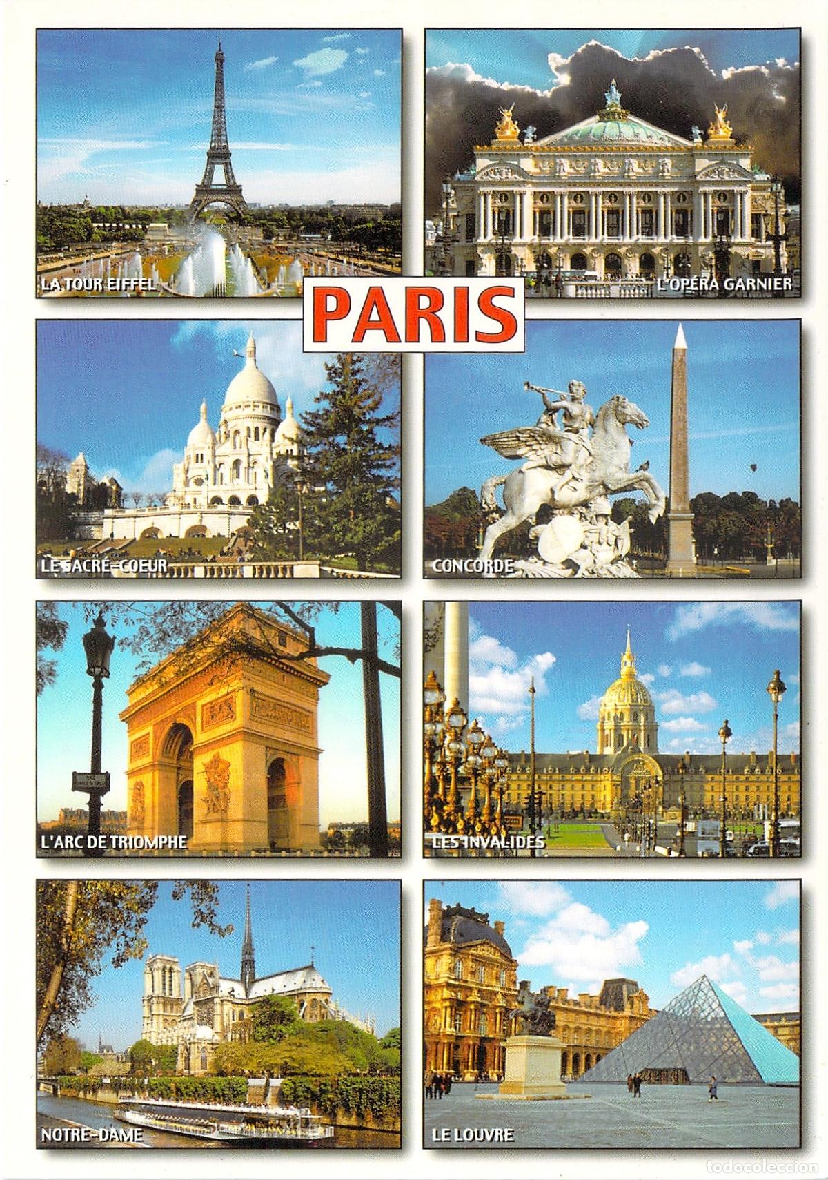 Postales: Postal de vistas m&uacute;ltiples de monumentos ic&oacute;nicos de Par&iacute;s