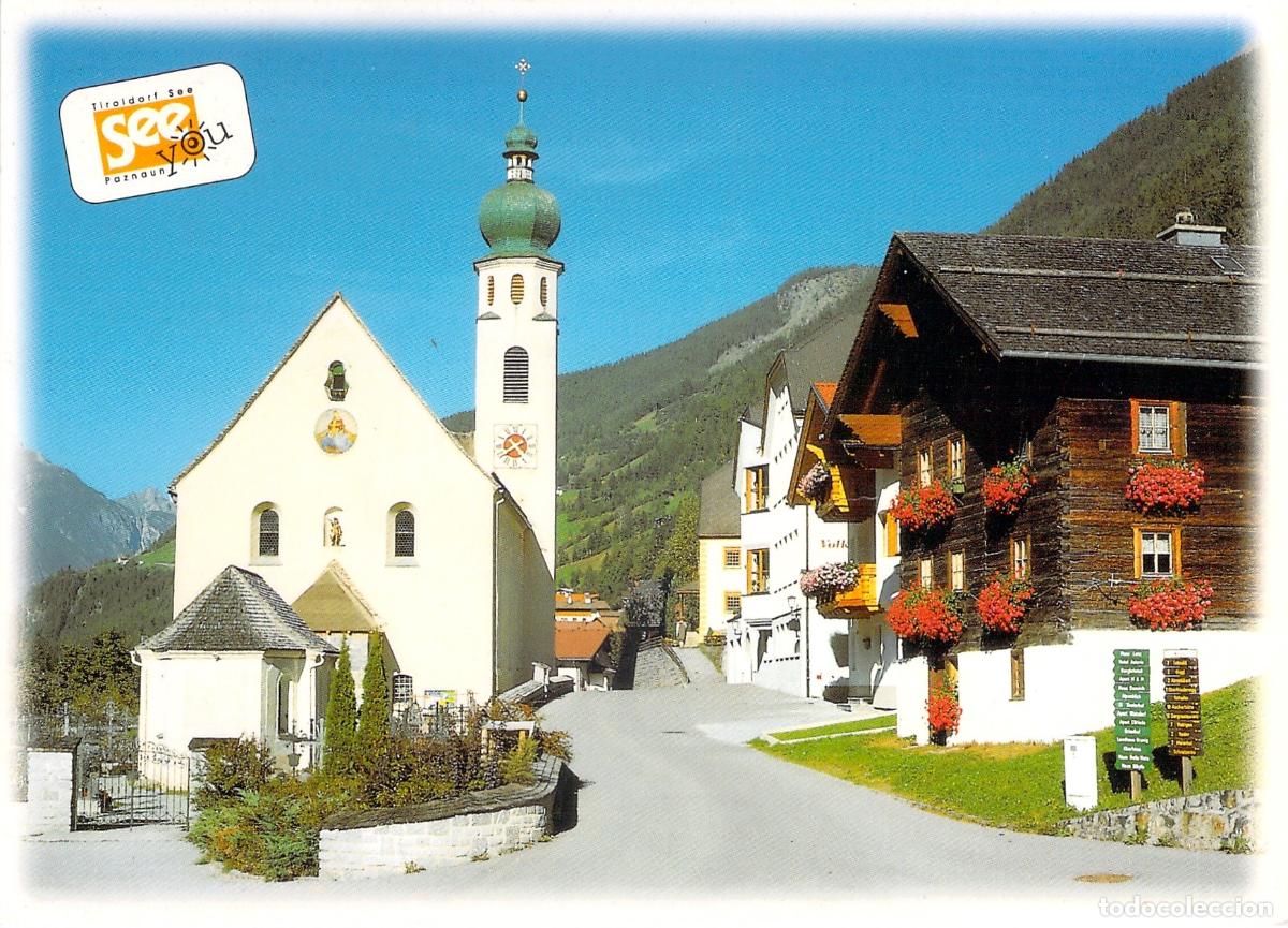 Postales: Postal de See, Tirol, Austria con iglesia t&iacute;pica y arquitectura alpina