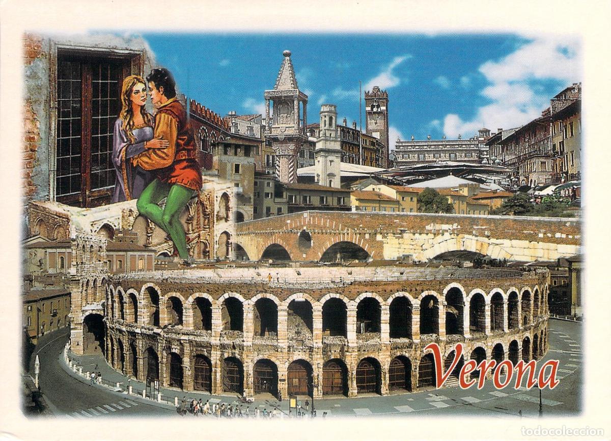 Postais: Postal de la Arena de Verona con imagen de Romeo y Julieta