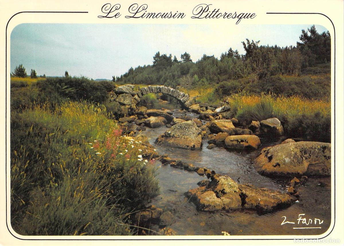 Postais: Postal de paisaje rural con puente de piedra en Limousin