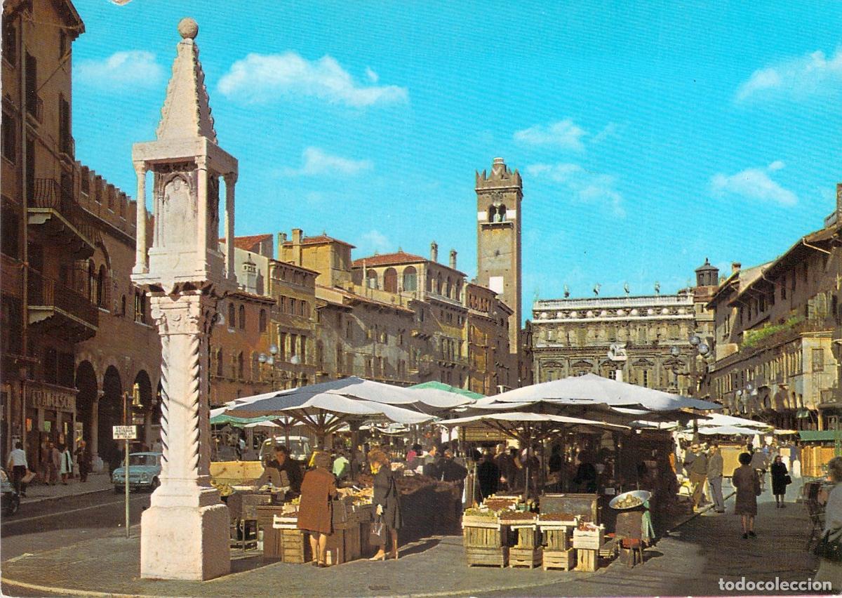 Postales: Postal de Verona, Piazza Erbe con su mercado tradicional