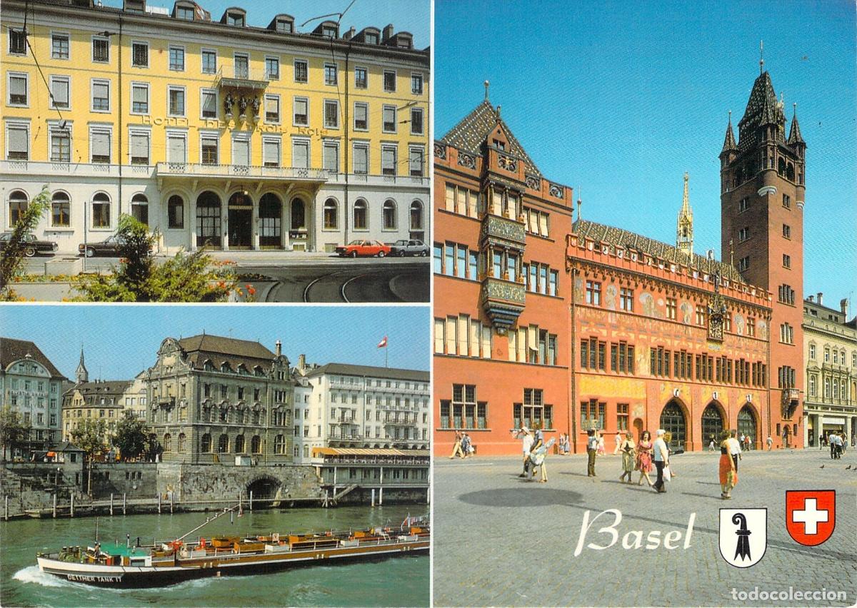 Postales: Postal de Basilea con el Ayuntamiento y el Hotel Drei K&ouml;nige