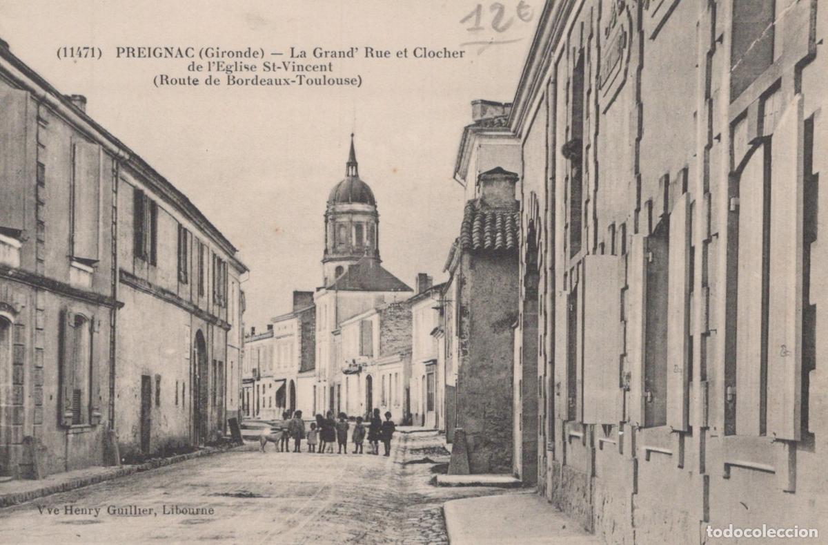 Postkarten: France Preignac La Grand Rue et Clocher de L Eglise St Vincent Unposted *YAB328