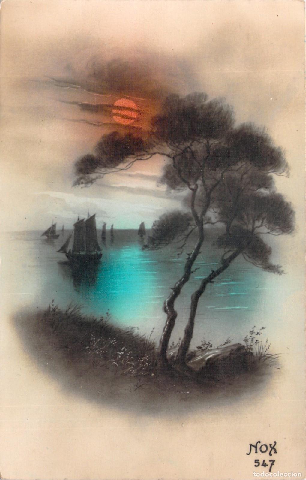 Postkarten: Postal art&iacute;stica de atardecer sobre el mar con velero