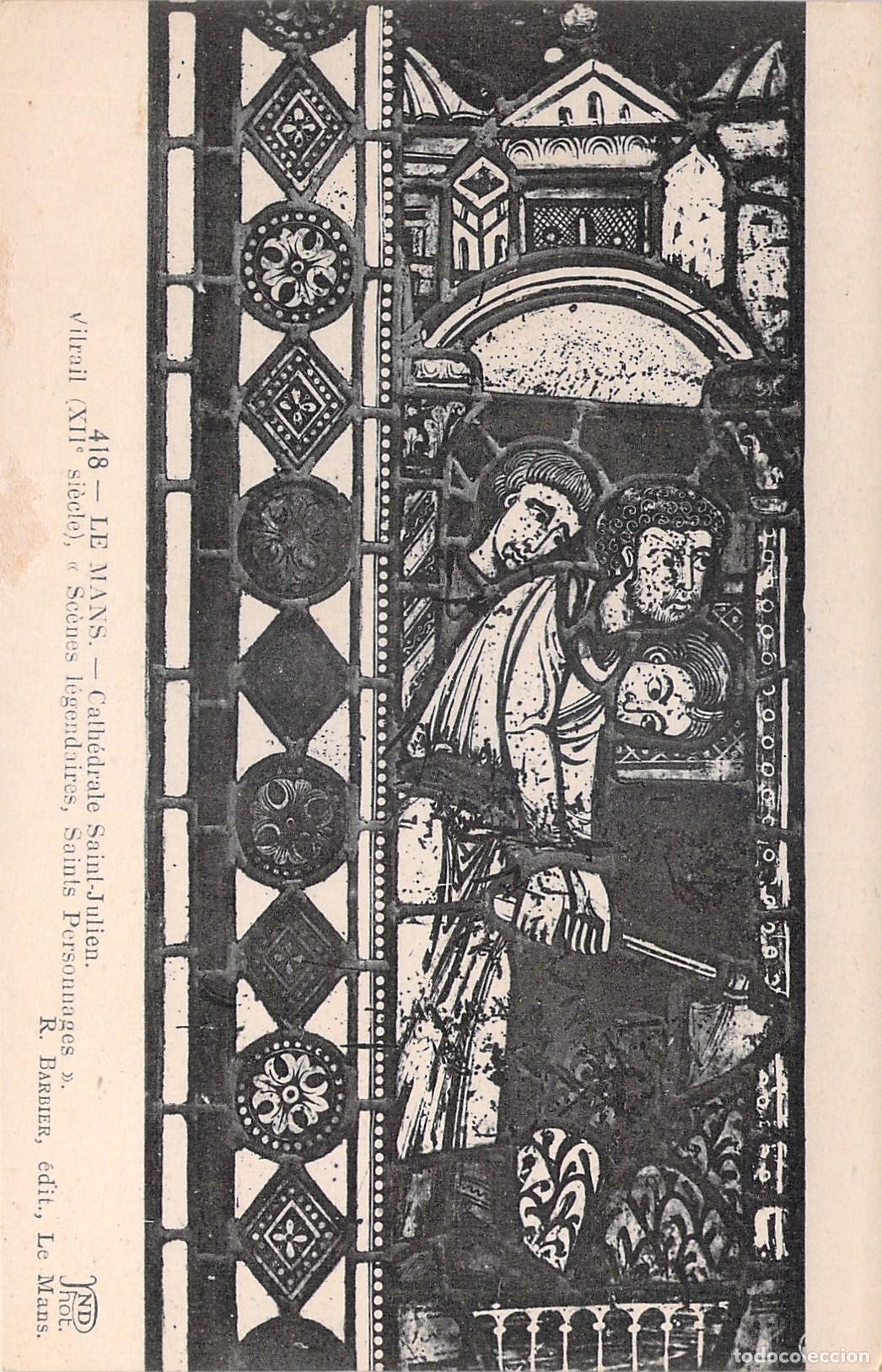 Postais: Postal de la catedral de Le Mans con vitral del siglo XII