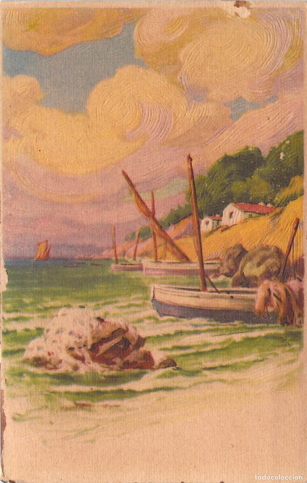 Postkarten: Postal ilustrada de barcos pesqueros en la costa francesa